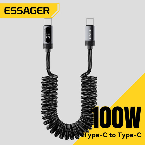 ខ្សែសាក Essager 100W Car Spring Type C សម្រាប់ iPhone 17 16 15 Pro Xiaomi Samsung PD សាកថ្មលឿនសម្រាប់ Macbook iPad ខ្សែ Type C ដល់ C
