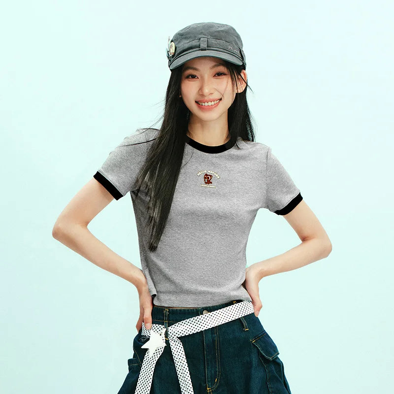Semir Women Tshirt Cropped Contrast Color Slim Straight Shoulder Short Sleeve Summer 2026 Casual Style Soft Top