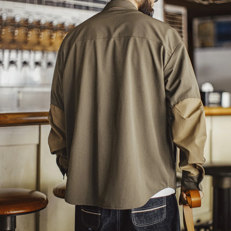 Maden Men's Vintage Safari Shirt Turn-Down Collar Long Sleeve Overshirt with Elbow Patches Single-Breasted Casual Spring Blouse