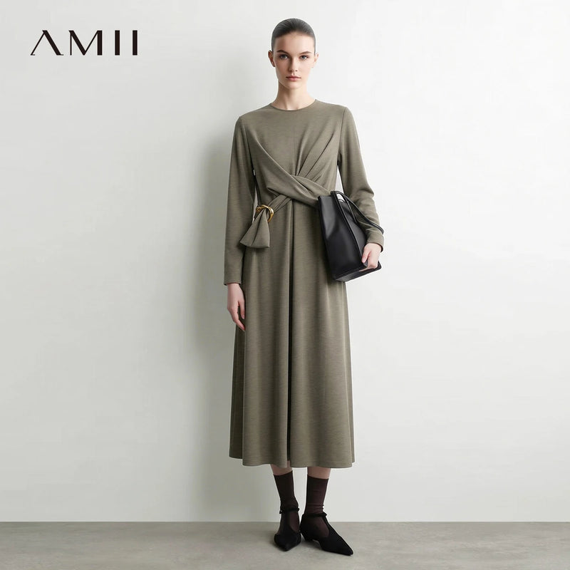 Amii Women's Casual Dresses 2026 Autumn New O-Neck Satin Long Sleeve Elegant D-ring Belt Slim A-Line Dresses For Woman 12643006