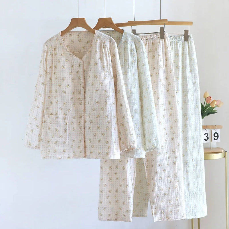 Chest Pad Long-sleeved Women's Home Clothes Floral Sleepwear Cotton Pyjamas Woman 2 Piece Sets Nighty Casual Loungewear Suit