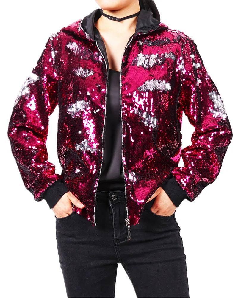 Sparkling Red Hooded Jacket with Sequin Decoration for Women, Fashionable Gold Outerwear with Silver Blue Purple Green Options