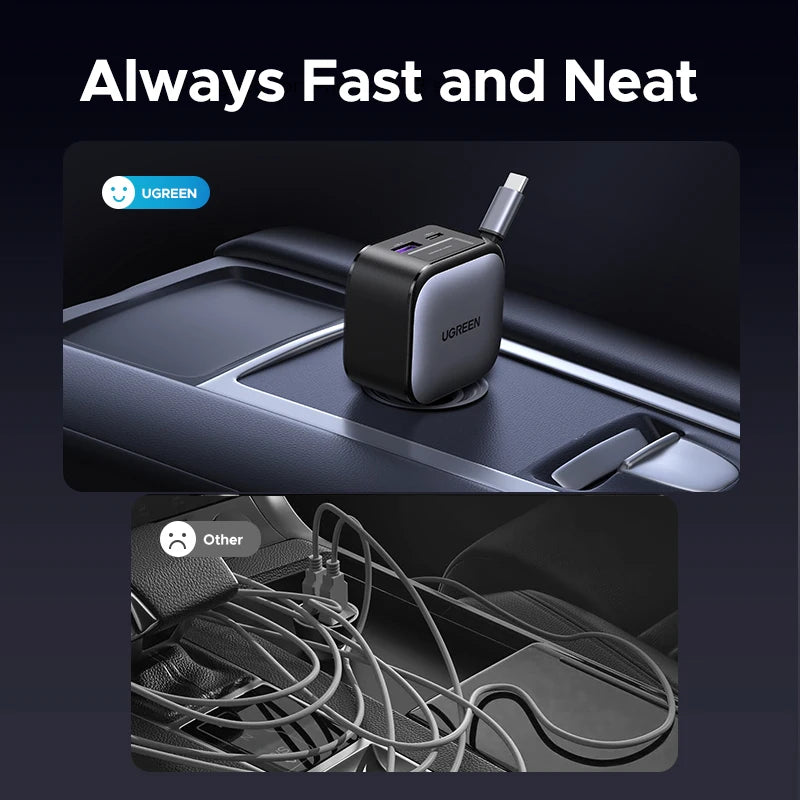 UGREEN 145W 90W 60W Car Charger 3 USB-C & 1 USB-A Ports PD QC4.0 Fast Charging with Retractable Cable for iPhone 18 17 MacBook