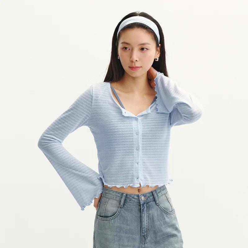 Semir Women Tshirt Textured 2026 Jacquard Slim Fit Ruffle Trim Knitted Crew Neck Urban Casual Everyday Style Soft