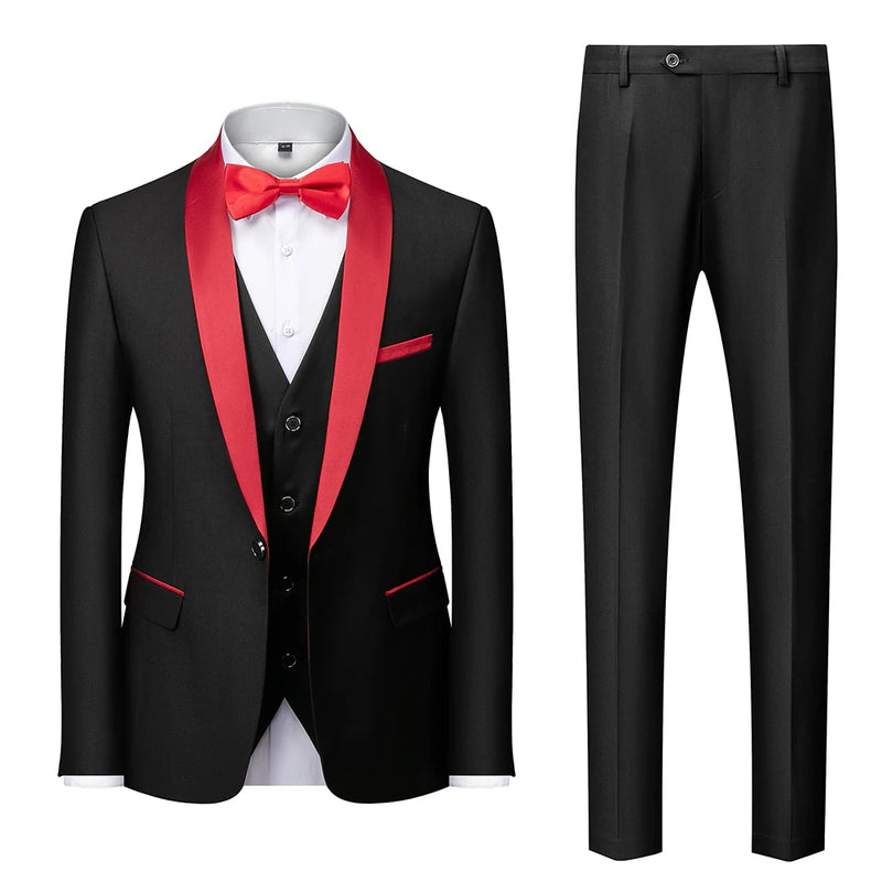 2026 Men's Black 3-Piece, Slim-fit Formal Jacket and Waistcoat Paired with Trousers, Asian Size, Red, White, Gray, Purple