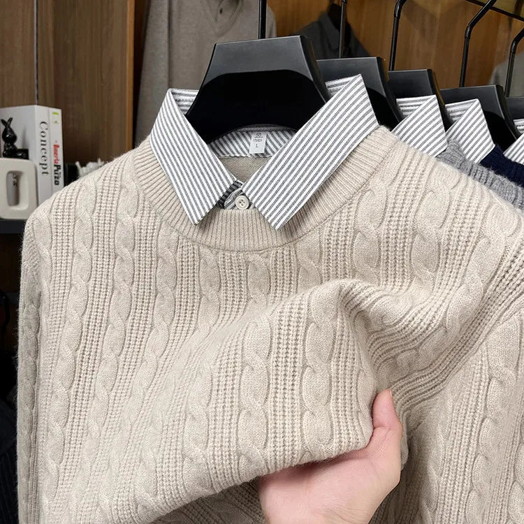Men's Cable Knit Sweater, Faux Two-Layer Shirt Collar, 550g Wool Blend, 7 Colors Business Casual Knitted Pullover Sweater