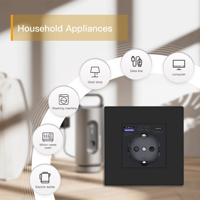 BSEED Single Wall Socket USB Type-C Fast Phone Charge Port Socket 20W Triple Power Plugs Plastic Panel Four Frame Outlets