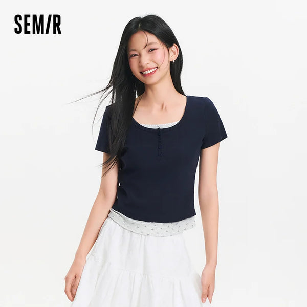 អាវយឺតស្ត្រី Semir ឆ្នាំ ២០២៦ ខ្លីក្លែងក្លាយពីរដុំ ផ្កា ស្ដើង ស្មាធម្មតា កធំ ផ្អែម