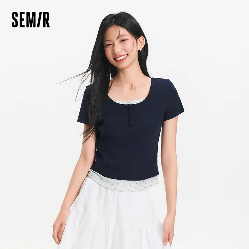 Semir Womens Tshirt 2026 Short Fake Two Piece Floral Slim Regular Shoulder Large Crew Neck Sweet