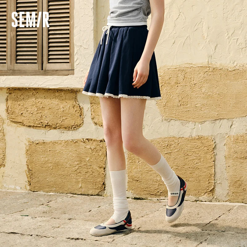 Semir Midi Skirt Women Lace Fringe Pleated Skirt Gentle 2025 New Summer Elastic Waist Short Skirt Sweet for Summer Walks