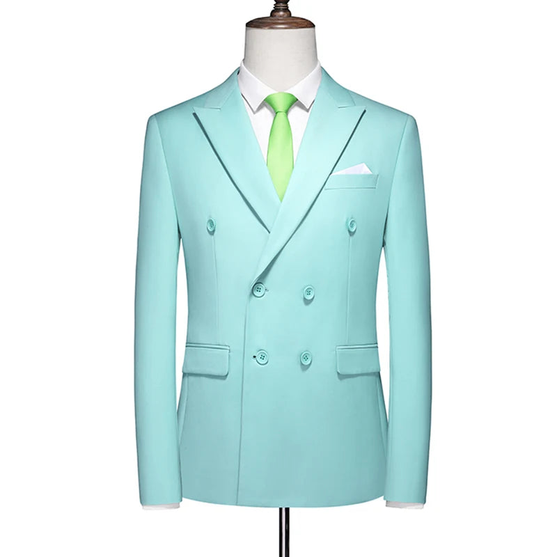 Men's Blue Long-sleeved Suit Jacket, Double-breasted Business Coat, Asian Size Slim fit Blazer,Available in Green,Red,Black,Gray