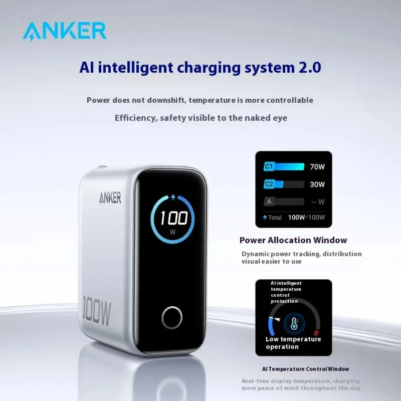 ឆ្នាំងសាក Anker 100W GaN 3-Port PD Fast Charger Smart Digital Display USB-C សម្រាប់ MacBook Pro iPad IPhone Xiaomi Galaxy S24
