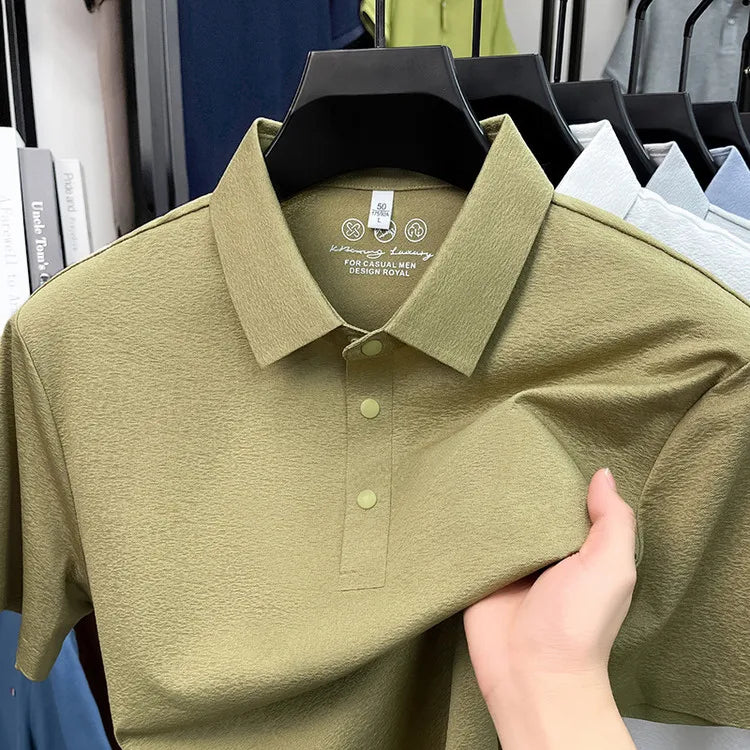 Men's Textured Polo Shirt Short Sleeve – Stretchy Blend, Soft Breathable, Multi-Color, Business Casual Summer Top