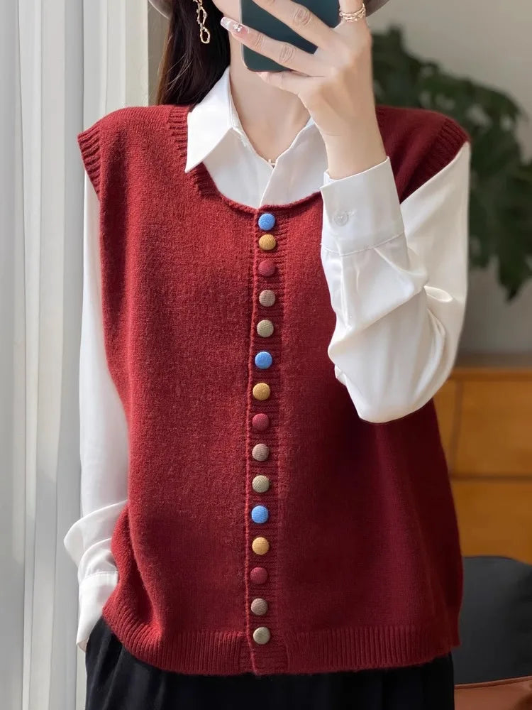 Retro Button Crew Neck Knitted Vest Cardigan Women's Sleeveless Sweater Stack Wear Versatile Top Ladies Spring Autumn Jacket