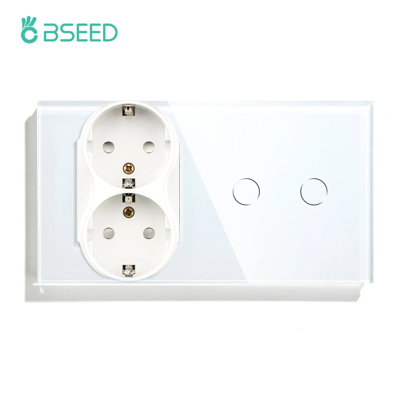 BSEED Wall Electrical Socket With 1/2/3Gang 1Way Touch Light Switch USB Type-c Charge Power Outlet Glass Panel White Wall Switch