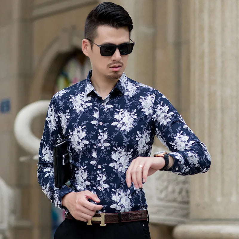2026 Spring Men's White Long-Sleeve Printed Shirts, Blue Single-Button Collar Stretch Cotton Shirt, Asian Sizes M-5XL, 6XL, 7XL.