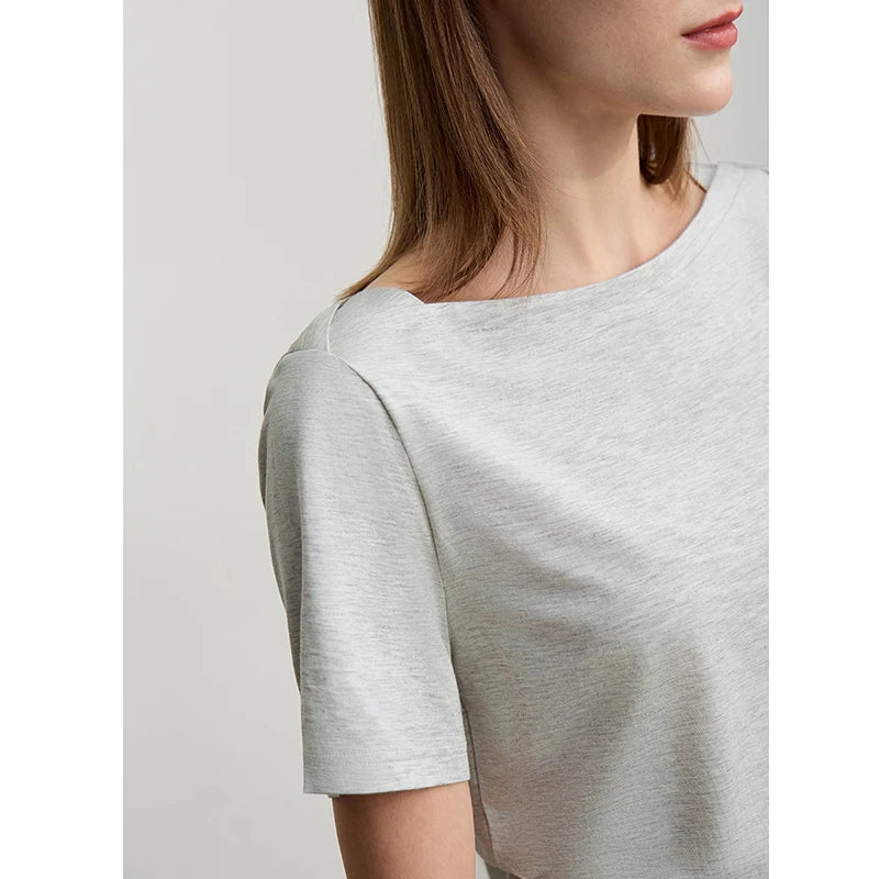 Amii Women's Summer Short Sleeve T-shirt 2026 New Off Shoulder Stretch Casual Tee Minimalist Versatile Ladies Clothing 12622002