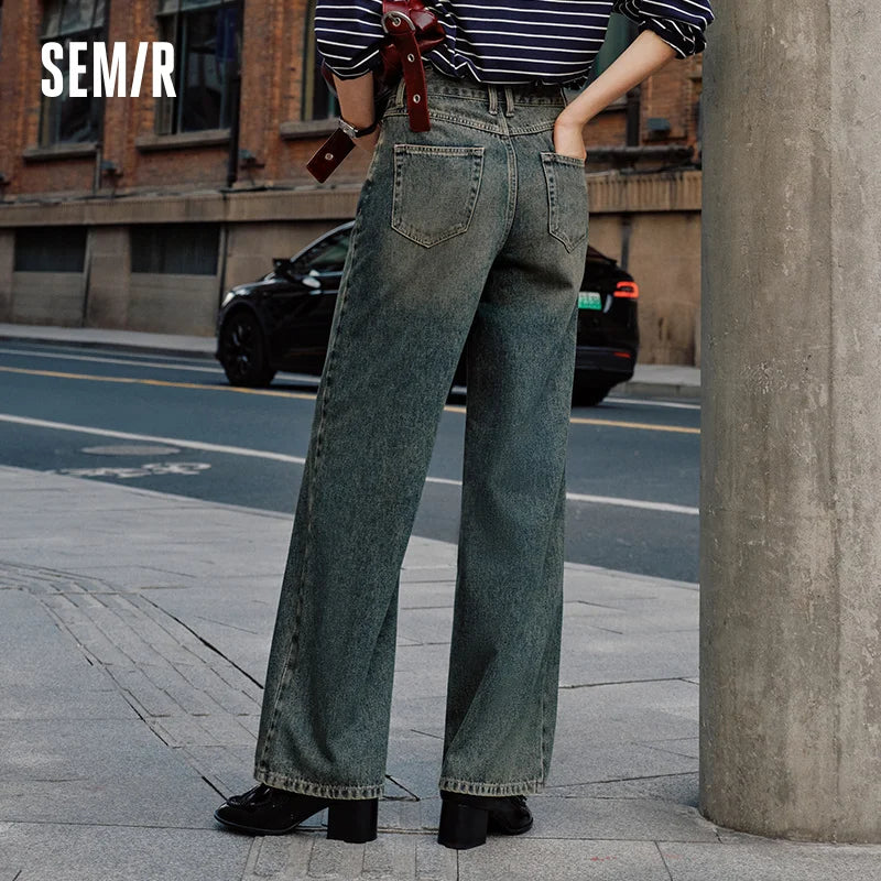Semir Soft Jeans Women Fleece Lined Floor Length Pants Leg Slimming Wide Leg Retro Style 2026 Winter Fashion Trousers
