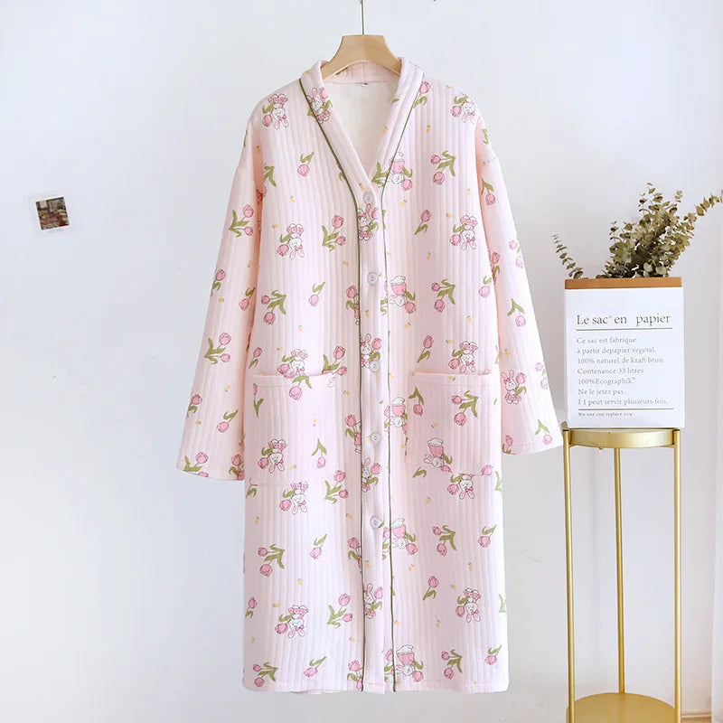 Air Layer Cotton V-Neck Cardigan Dress Long Sleeve Women's Autumn Winter Nightdress Loose Thicken Warm Nightgowns Female