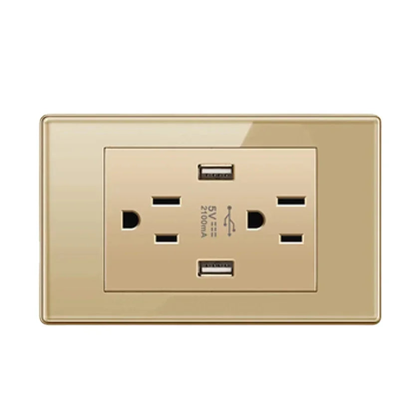 Depoguye US Mexico Wall Light Switch Socket 5V 2.1A USB Type-c Charger Plug,Golden Glass Panel American Standard Power Outlet