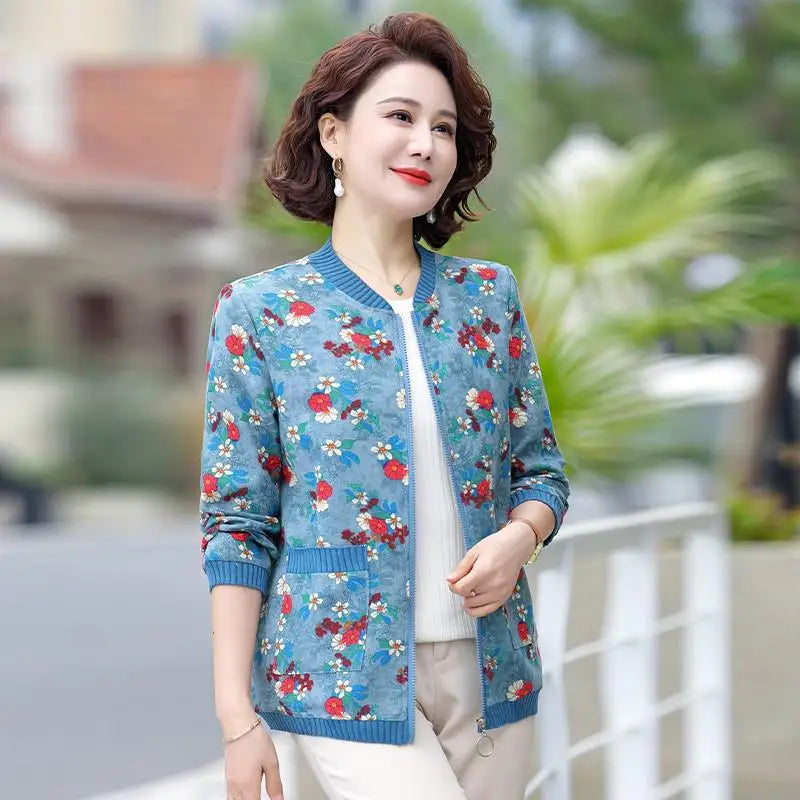 អាវបេស្បលសម្រាប់ស្ត្រីនិទាឃរដូវរដូវស្លឹកឈើជ្រុះថ្មី អាវម្តាយ សម្លៀកបំពាក់ស្ត្រីវ័យកណ្តាល ម៉ូដបោះពុម្ព អាវក្រៅសម្រាប់ស្ត្រីលំហែកាយ