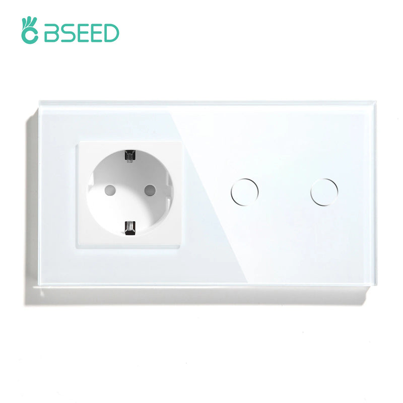BSEED Wall Electrical Socket With 1/2/3Gang 1Way Touch Light Switch USB Type-c Charge Power Outlet Glass Panel White Wall Switch