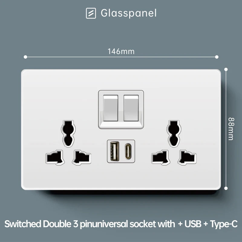 Luxury Skin Feeling Glass Wall Light Switch Button White UK Plug 13A Universal Wall 18W Type-C Fast Charging Socket