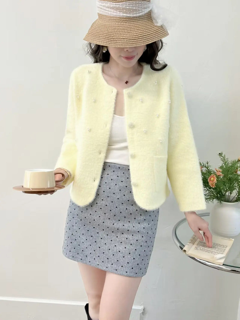 Korean Fashion Knitted Cardigan Jacket Women's Autumn Winter Top New Temperament Crew Neck Sweater Single Breasted Coat Female