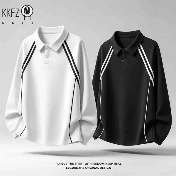 Mens Long Sleeve Lapel Polo With Contrast Striped Panels Raglan Seam Soft Relaxed Fit Street Daily Outfit