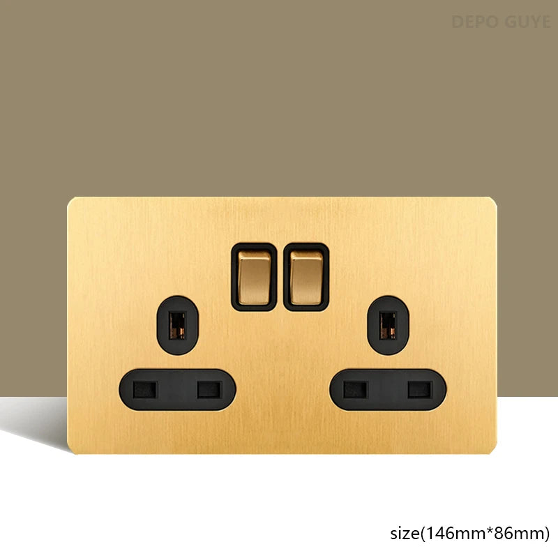 Retro Wall Light Toggle Switch Dual EU FR Socket Gold Stainless Steel Brushed Panel  Vintage Brass Lever For Home Improvement