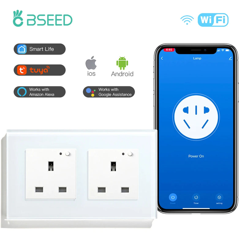 BSEED UK Standard Wifi Smart Socket Smart Double Electric Power Outlets Support Tuya Smart Iife Alexa Control 13A