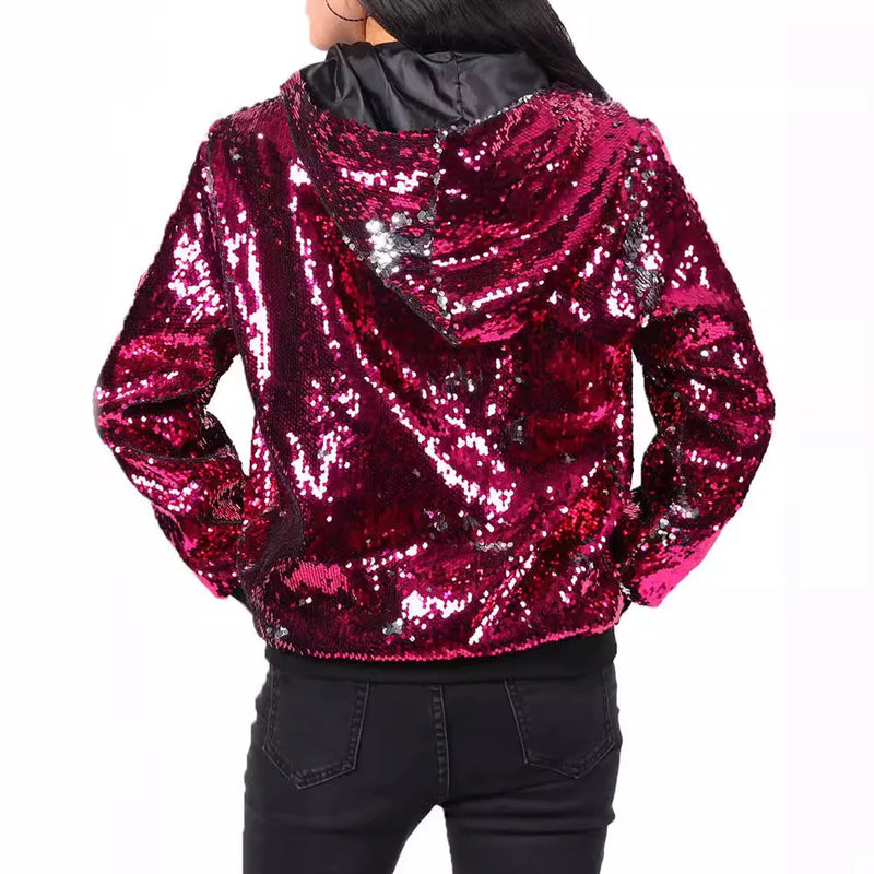 Sparkling Red Hooded Jacket with Sequin Decoration for Women, Fashionable Gold Outerwear with Silver Blue Purple Green Options