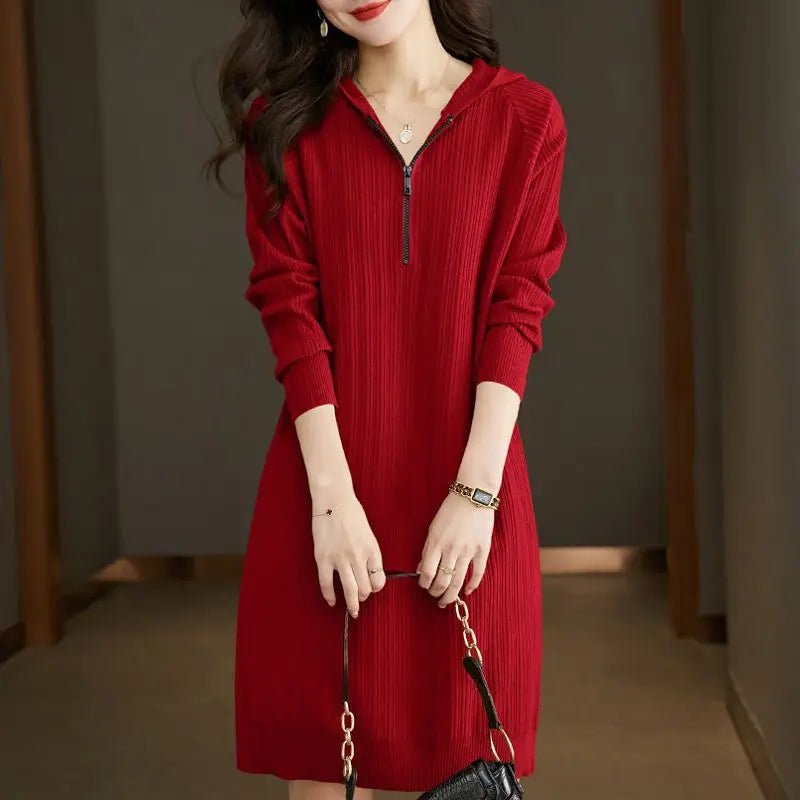 New Hooded Sweater For Women Short Dress Fashion Zipper Spring Autumn Long Sleeve Female Knitwear Jumper Woolen Pulls Femmes