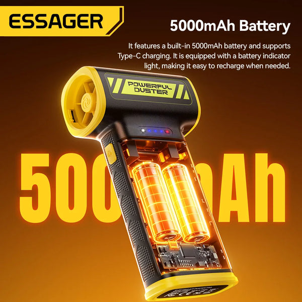 កង្ហារខ្យល់ Essager 130W កម្លាំងខ្យល់ 120000RPM ចល័តល្បឿនលឿន មានថាមពលខ្លាំង ជាមួយថ្ម 5000mAh សម្រាប់សម្អាតកុំព្យូទ័រ ឡាន និងផ្ទះ