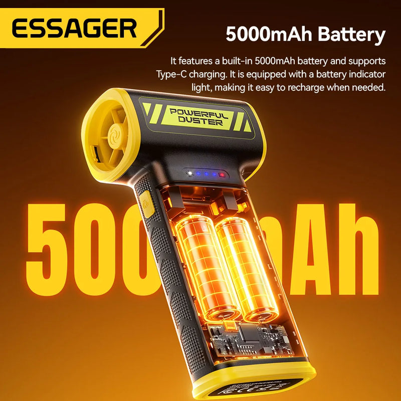 កង្ហារខ្យល់ Essager 130W កម្លាំងខ្យល់ 120000RPM ចល័តល្បឿនលឿន មានថាមពលខ្លាំង ជាមួយថ្ម 5000mAh សម្រាប់សម្អាតកុំព្យូទ័រ ឡាន និងផ្ទះ