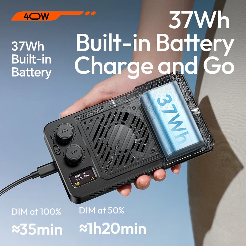 ភ្លើងវីដេអូចល័ត Ulanzi P40 Bi P40 RGB 40W ជាមួយកង្ហារត្រជាក់ 14000Lux 2700-6500K 5000mAh ភ្លើងពេញសម្រាប់ការថតរូបផ្ទាល់ Vlog