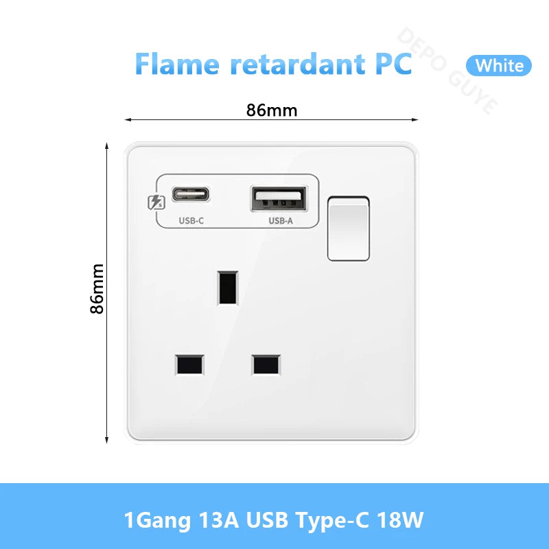White UK Standard 13A USB Wall Socket Panel,Universal 18W Type-c Quick Charge Socket Plug,Wall Light Switch Electrical outlet