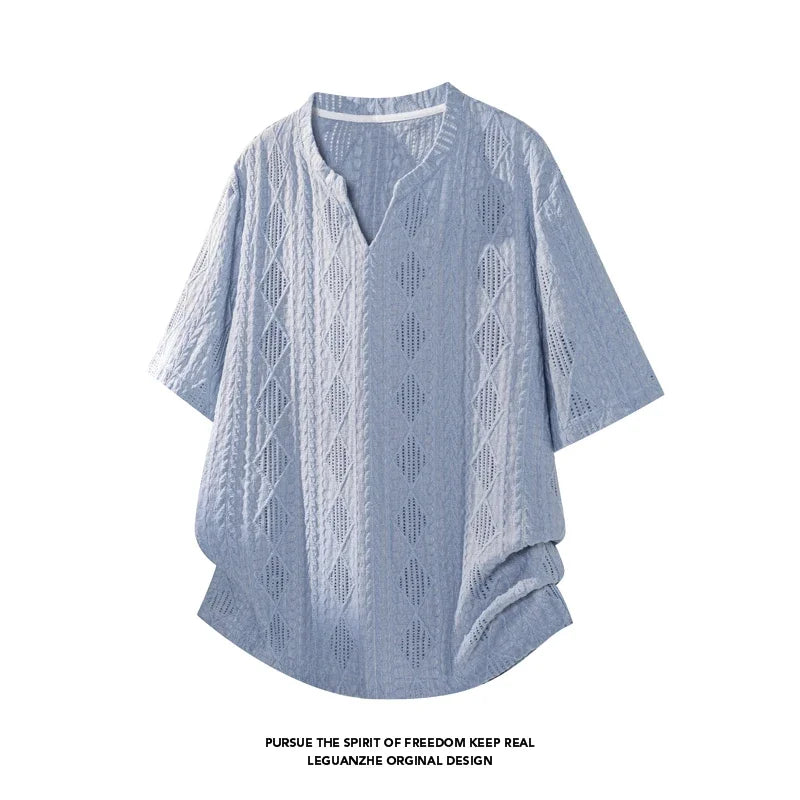 Men Casual Henley V Neck Short Sleeve Top Hollow Jacquard Weave Breathable Cloth For Street Daily Matching Scenarios