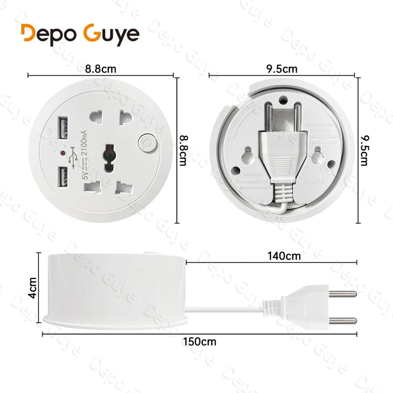 Travel Adapter Socket,EU Standard Plug,White Universal Five Hole Socket with Dual USB Power Portable Outlet with Cable 1.5m