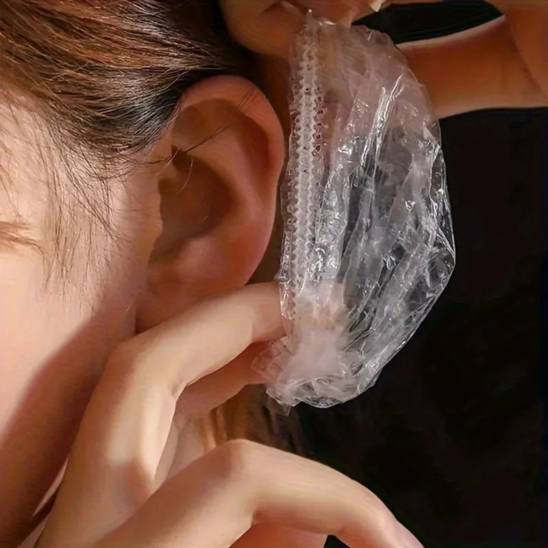 50PCS Disposable Clear Plastic Ear Covers for Hair Dyeing, Shower Protection Hygienic Single-Use Ear Guards for Barbers earmuffs