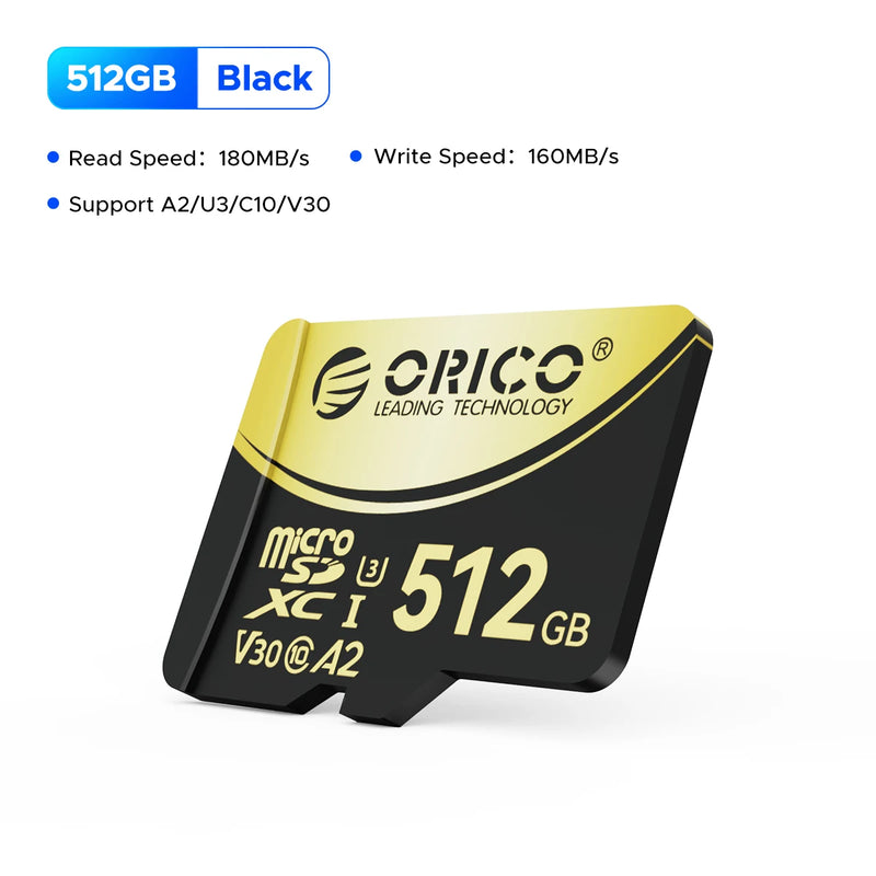 ORICO Micro SD Card TF Memory Card 512GB microSDXC Up to 180 MB/s Full HD and 4K UHD C10, U3, V30, A2, for GoPRO DJI Drone