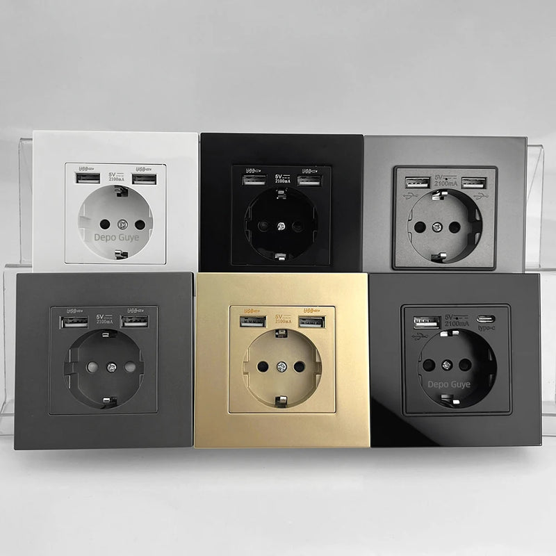 EU Standard Double USB Wall Power Socket,Electrical Socket Wall Plug with Type-c Usb Fast Charing Port 16A PC Panel Outlet 220V