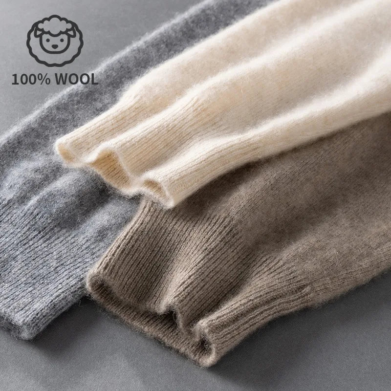 100% Wool  Men's Zip-Up Hooded Sweater, Soft Knit with Pockets, Ideal for Fall and Winter Daily Commute