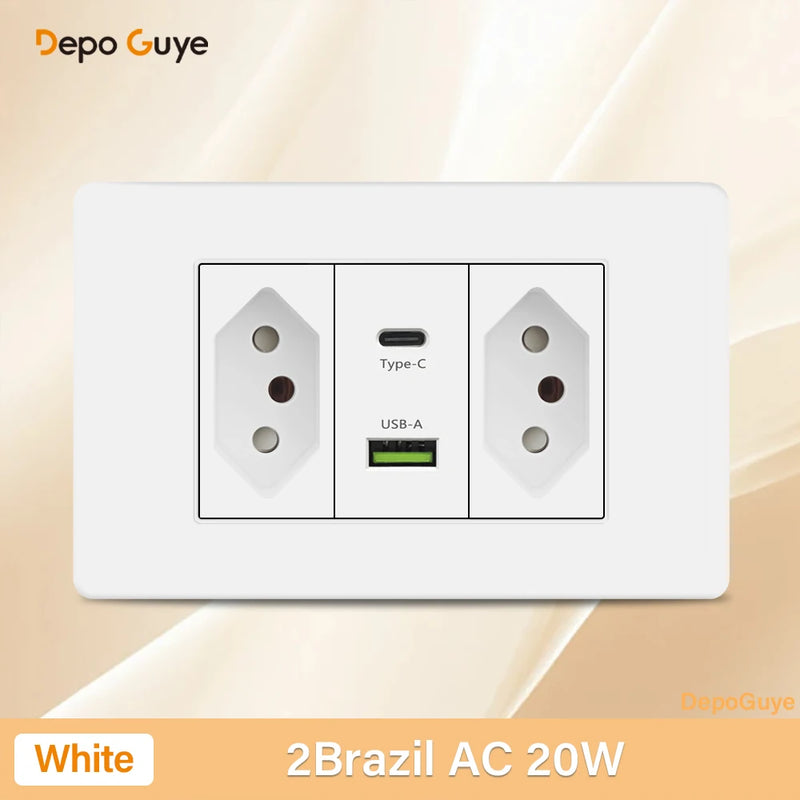 Italy Chile Mexico USB Smart Type-c 20W Fast Charging Wall Outlet plug,Brazil Electric Light Switch Panel Universal usb c Socket