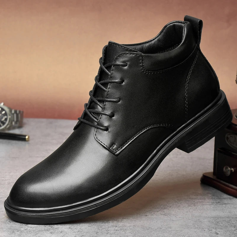 Men's Ankle Boots Black Genuine Leather Lace-Up Chukka Boots with Fur-Lined and No Fur Options Big Size 48 49 50