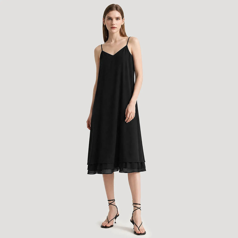 Amii Slip Women's Dress 2026 Summer New V Neck Straight Casual Color Block Chiffon Spaghetti Strap Midi Dress For Women 12622101