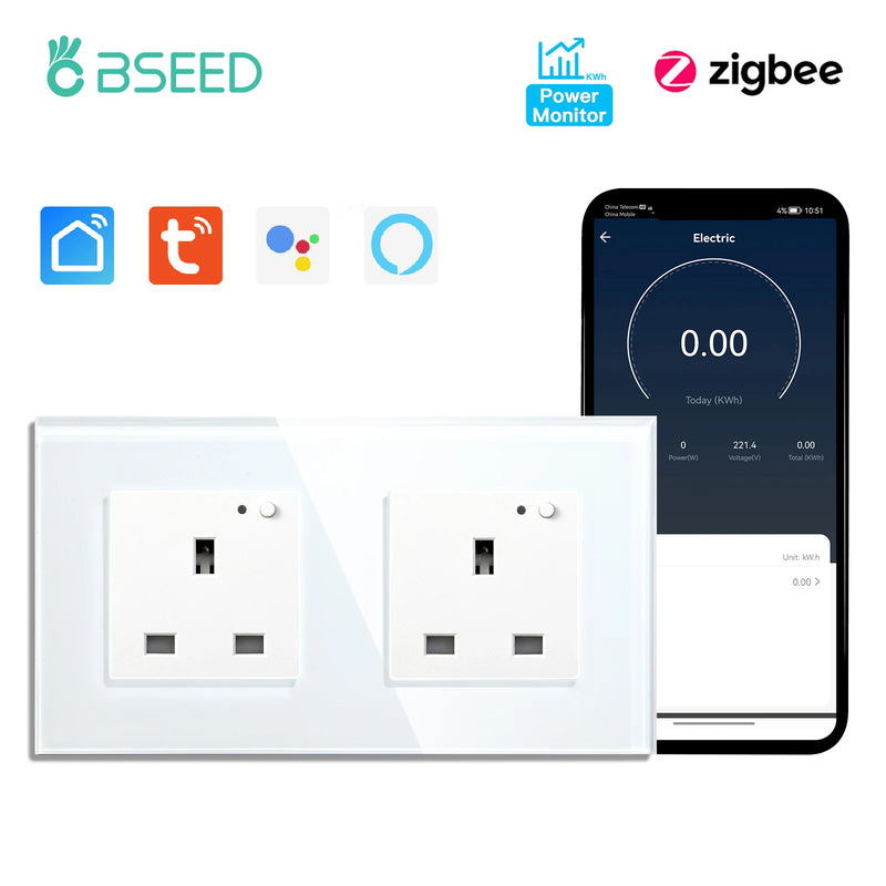 BSEED UK Standard Zigbee Power Monitor Socket Smart Double Electric Power Outlets Tuya Smart Iife Google Home Control 13A