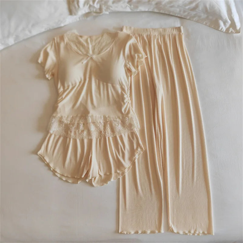 3 Pcs Set New Lace Modal Sleepwear Women Sleep Short Sleeve Shorts Trousers Suit Sweet Gentle Summer Pajamas Lady's Home Clothes