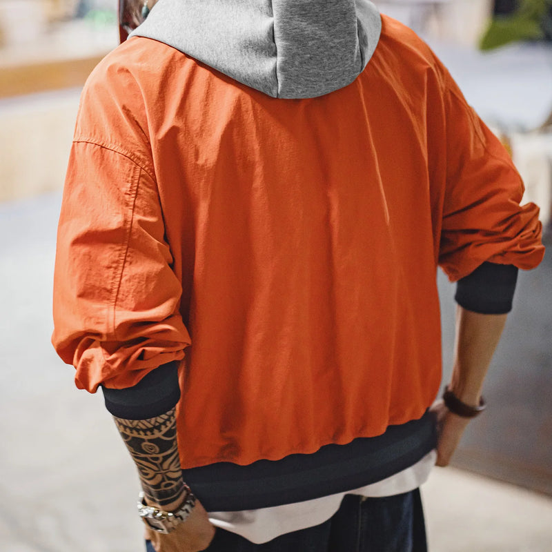 Maden Men's Retro Patchwork Color-Block Hooded Flight Jacket Orange Bomber Jacket Casual Zip-Up Lightweight Spring Fall Outwear
