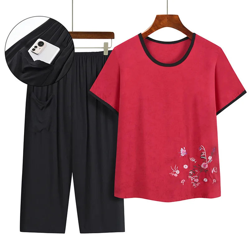 New Women Pyjamas Middle Aged Elderly Mother Pajamas Summer Short Sleeve Capri Pant Sleepwear Set Cotton Grandma's Home Clothes